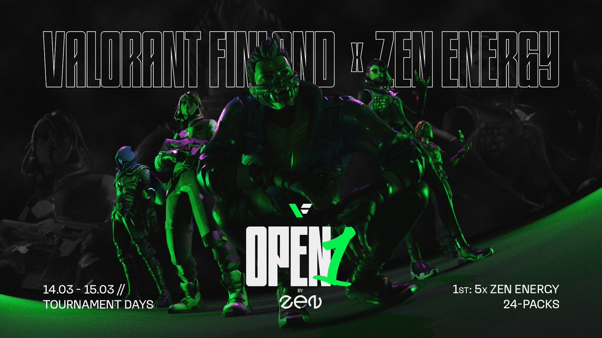VALORANT FINLAND x ZEN ENERGY Open 1 ⚡️

📅 14.–15. maaliskuuta
🏆 Palkintona 5x 24-pack ZEN Energy -energiajuomaa
‼️ Lisätiedot ja ilmoittautuminen löytyvät Discord-serveriltä! 👉discord.gg/pwmMx2G

Kokoa tiimi kasaan ja tule voittamaan! 💚 
#esportsfi #VALORANT