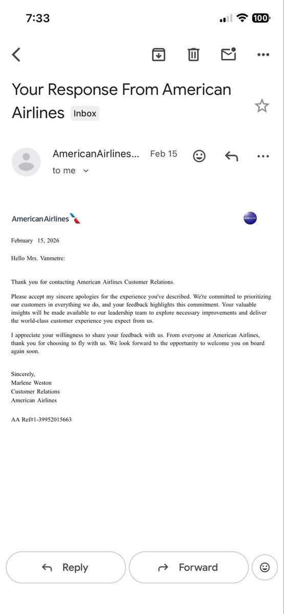 macklutz's tweet photo. PSA never travel @AmericanAir . They will cancel your flight home after being delayed 40 minutes due to crew issues (uhh poor planning on their end?), make you stand in line for 2+ hours 6 months pregnant and send this canned email as their reply to your complaint. What a joke https://t.co/BJ99Jm7Ih9