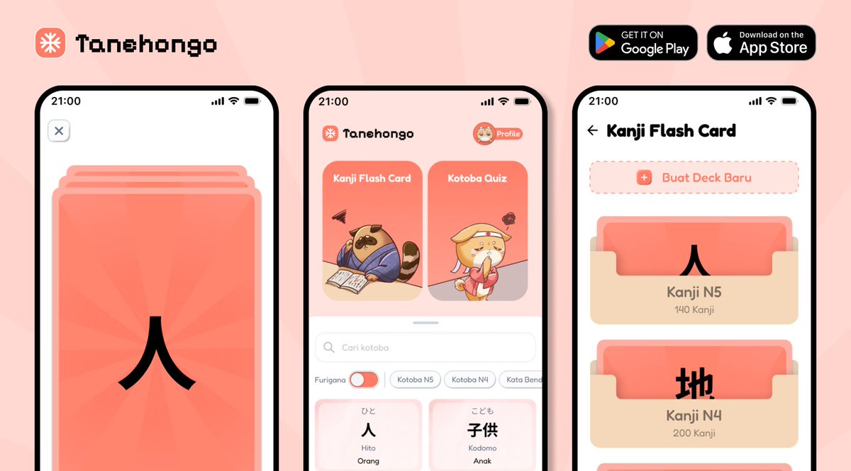 Minnasan! 😻

Tanehongo App sudah rilis dan tersedia untuk iOS &amp; Android 🎉

Belajar bahasa Jepang bakalan jadi lebih mudah dan seru. Kenapa harus download?

• Semua kotoba &amp; kanji sudah dikurasi oleh Sensei
• Kita udah bikin deck kanji untuk hafalan, berdasarkan kanji yang