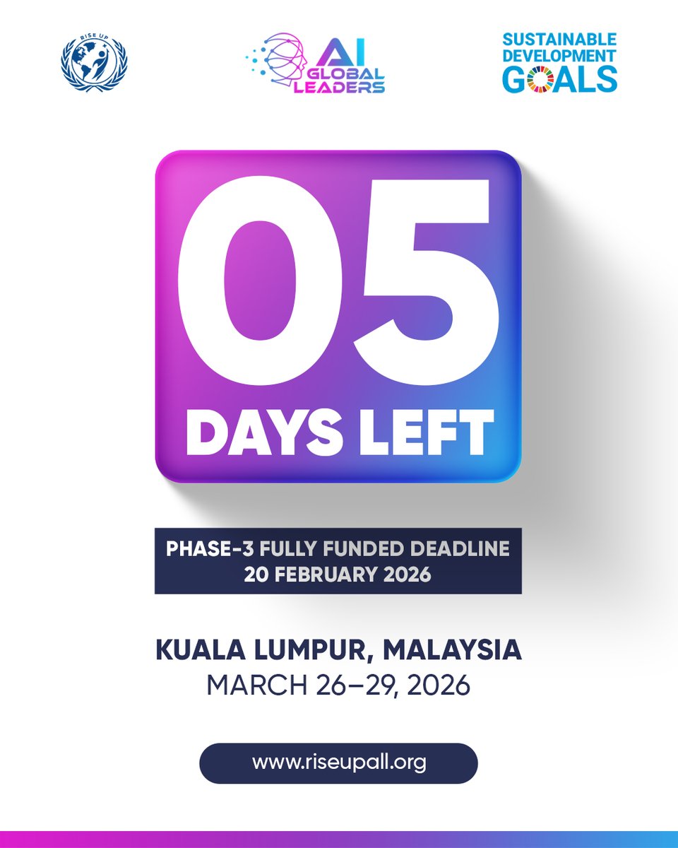 The Clock is Ticking.
5 days left to step into global leadership powered by AI.
⏰ Don’t wait. Apply now.
riseupall.org/agl-2026/
Kuala Lumpur • March 26–29, 2026
AI for Global Leaders (AGL) 2026