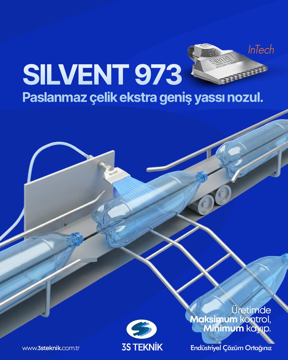 SILVENT 973: Paslanmaz çelik ekstra geniş yassı nozul.

Konveyör üzerindeki şişeleri ayıklama uygulamasında SILVENT 973 ile birlikte  hassas üfleme açısı ayarı için PSK14 kullanılması.

Bizi ziyaret edin.
3steknik.com.tr