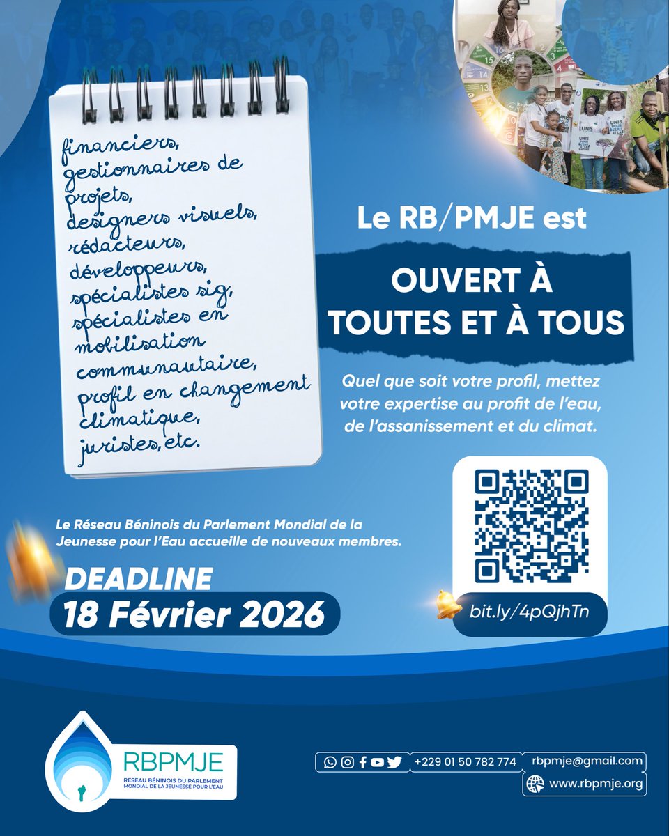 L’eau, l’assainissement et le climat ne concernent pas seulement les spécialistes. Ils concernent tout le monde. 

Si vous cherchez un cadre structuré, mais ouvert aux initiatives, c’est le moment de vous engager via : bit.ly/4pQjhTn au plus tard le 18 février 2026.