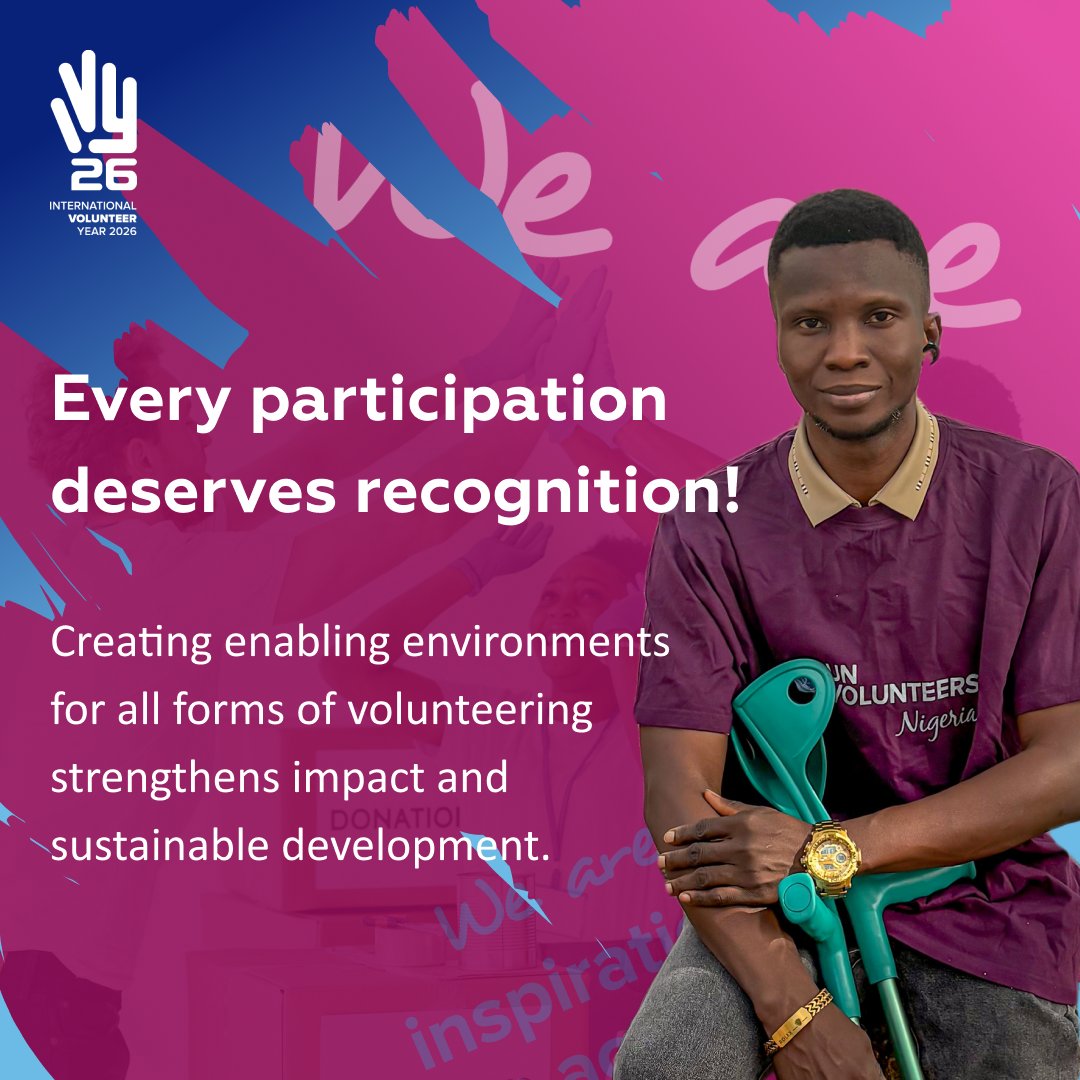 Sketch1919's tweet photo. Recognition fuels participation. Participation fuels progress.

Every act of volunteering, formal or informal, local or global, deserves to be seen, valued, and supported. 

#IVY2026 #VOLUNTEERYEAR #EveryContributionMatters

@UNVolunteersng @UNV_ROWCA https://t.co/ki0fPyAioy