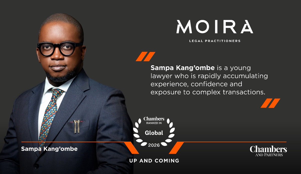MoiraLegal's tweet photo. CONGRATULATIONS to our Associate Partner @Saampa on his recognition as Up &amp; Coming Lawyer by @ChambersGuides.

Sampa is known for his strong financial acumen in project finance and complex transactional work across various sectors.

#Chambers&amp;Partners2026
#RankedLawyerZambia https://t.co/iFKcO4XJl9