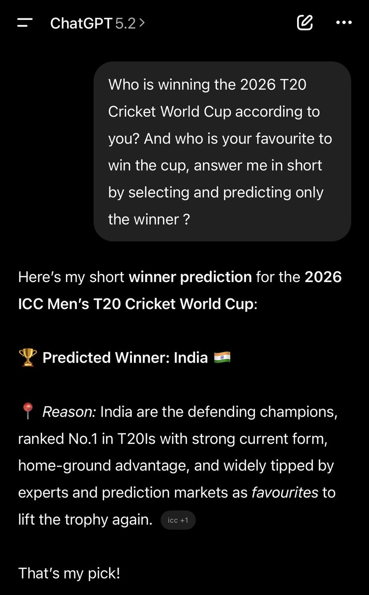therafimalik's tweet photo. On 5th February 2025, I asked these AI models ( Chat Gpt, Google gemini, perplexity, Grok, Deepseek )to predict the winner of #ICCMensT20WorldCup2026 
They all picked the same winner.

#historyrepeatkarenge
#historydefeatkarenge https://t.co/W1MvbT2ObQ
