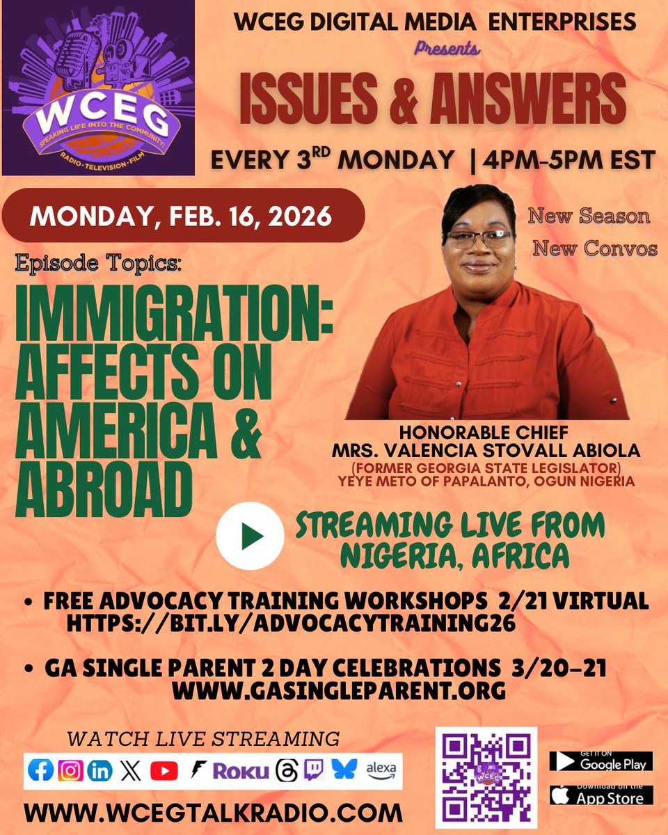 ValenciaStovall's tweet photo. Join us 2day 2/16 at 4pm EST for Issues & Answers on @Wcegtalkradio
🇳🇬 Live from #nigeria
Topic: Immigration Affects on America and Abroad.
Watch livestream: FB, YT, IN, X & Twitch TV.
https://t.co/SlTo9LHtcd
#wceg #wcegnetwork #wcegtalkradio
#naijawife #ogunstate https://t.co/Efp4Jyal1c