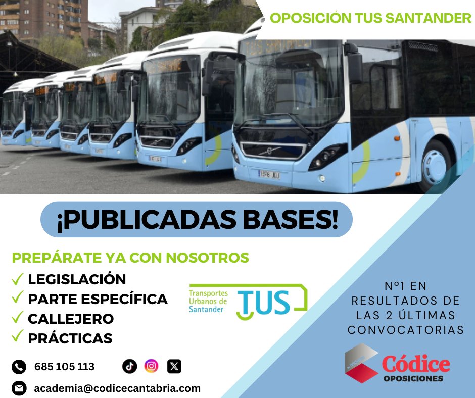 📢📢 ¡OFICIAL! Publicadas bases del #TUS! 🚌

🔥 8 plazas
✍️ Plazo de instancias: 20 días naturales desde publicación en el BOE
🔗 santander.es/system/files/b…

ℹ ¡Grupo de preparación abierto!

➕ Info👇
📲685 - 105 - 113
📧 academia@codicecantabria.com