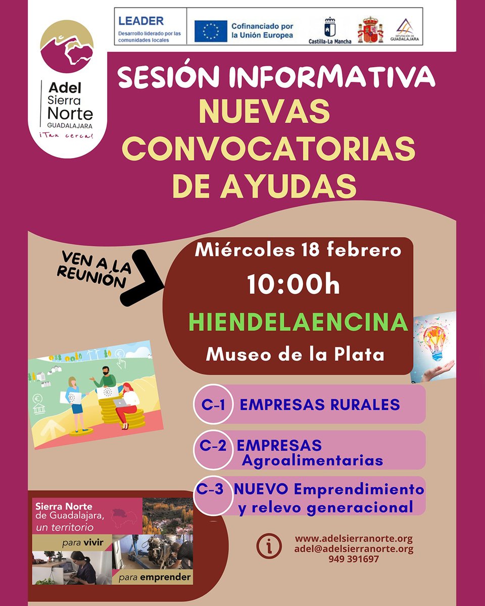 📢 Ayudas ADEL Sierra Norte abiertas para inversiones y nuevos proyectos que impulsen empleo local.
📍 Reuniones: 16 feb Jadraque · 17 feb Arbancón · 18 feb Hiendelaencina.
ℹ️ Bases y plazos: adelsierranorte.org