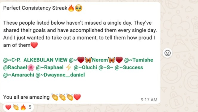 I joined an accountability community where we share our daily goals.

I showed up every day, wrote my goals, and followed through without missing a day.

I'm proud of myself 🥹🤭

Just a reminder that there will be days you won’t feel like doing anything.

Just show up anyway♥️