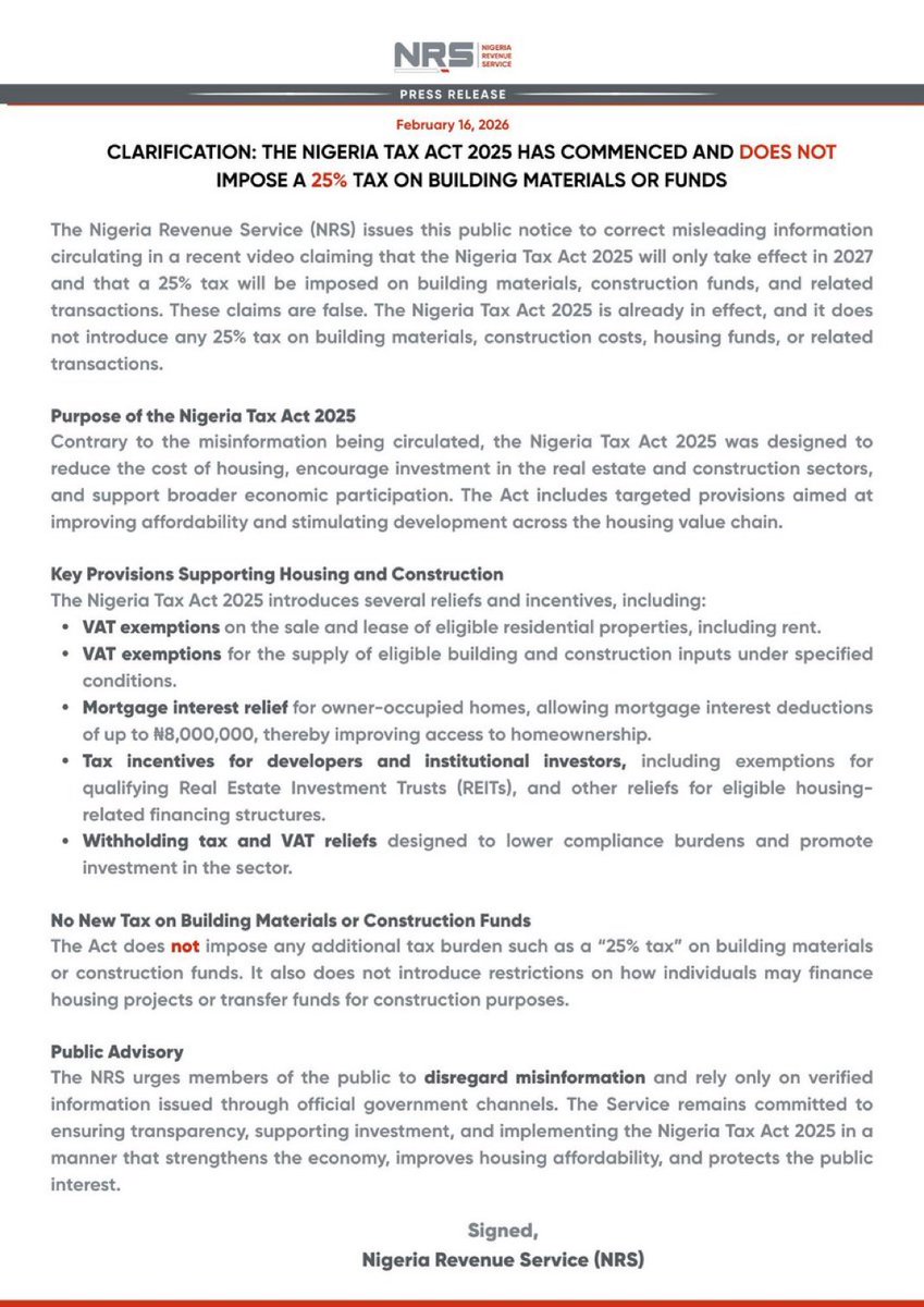 PUBLIC NOTICE 📢📢

CLARIFICATION: THE NIGERIA TAX ACT 2025 HAS COMMENCED AND DOES NOT IMPOSE A 25% TAX ON BUILDING MATERIALS OR FUNDS