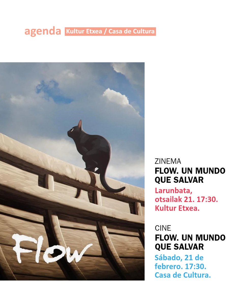 ZINEMA
FLOW. UN MUNDO QUE SALVAR
huarte.es/eu/eventos/flo…

CINE
FLOW, UN MUNDO QUE SALVAR
huarte.es/eventos/flow-u…