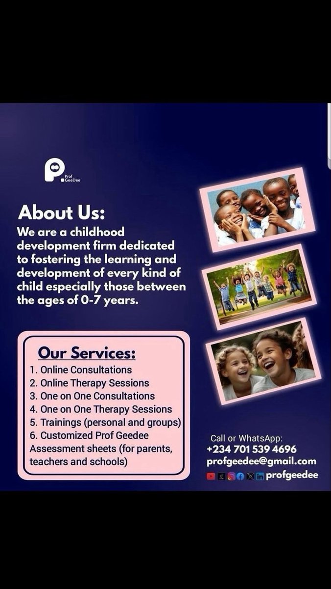 The first 7 years shape everything.

We support children 0–7 through consultations, therapy, training &amp; customized assessment tools for parents and schools.

Early support. Better outcomes.

📞 +234 701 539 4696
#EarlyChildhood #ChildDevelopment #profgeedee