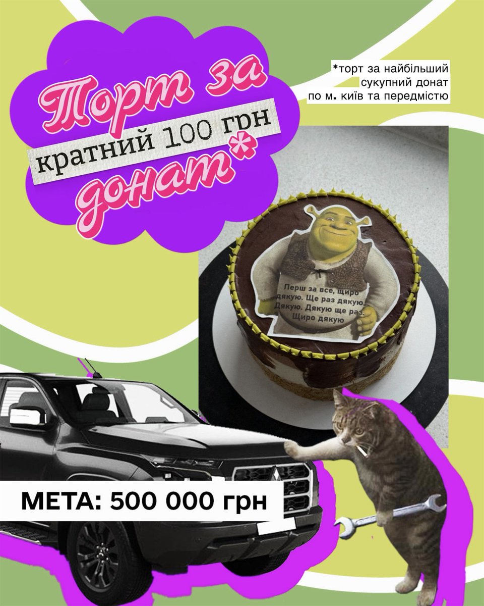 Riznobarvka's tweet image. Друзі, долучають до збору @GraceFoundUA на ремонт автівок.

Моя 🎯: 100 000 грн 

🫙send.monobank.ua/jar/3jzcJtin33
PayPal: riznobarvka@gmail.com

Розігрую 2 торти по м. Київ та передмістю🎂
за 🍩, кратний 100 грн
за найбільший сукупний 🍩

Буду вдячна за рт та цитування