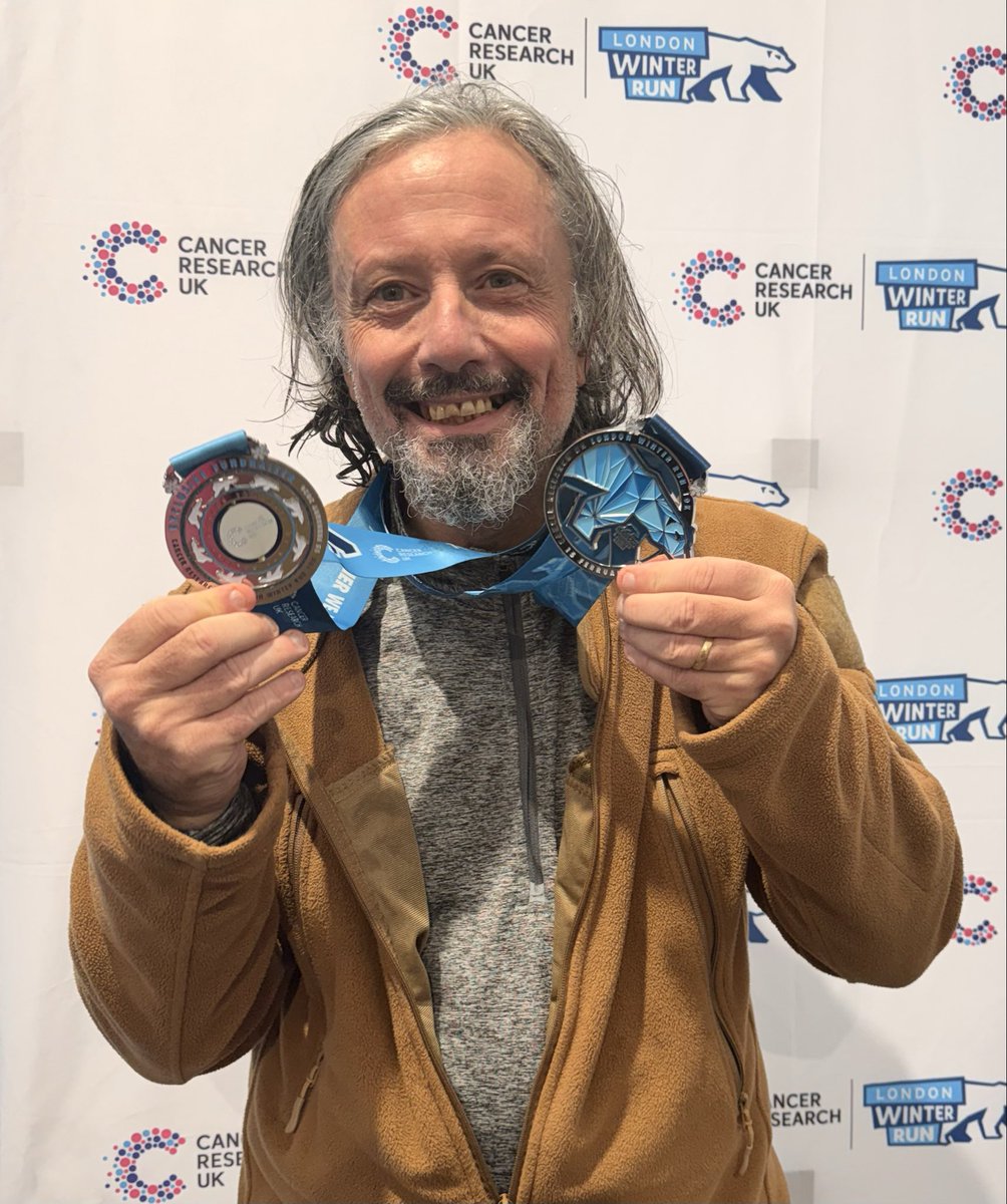 TheRunningEduc1's tweet photo. It’s #MedalMonday we braved the horrendous downpour yesterday @WinterRunUK for Cancer Research UK got round in a reasonable time to collect 2 medals. The volunteers were amazing. My 5th straight #WinterRun https://t.co/FJoozJ9iZK