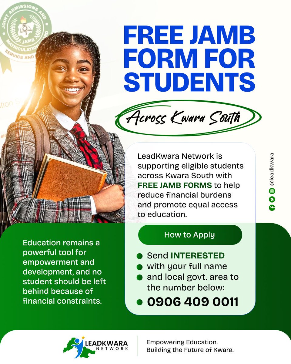 leadkwara's tweet photo. No dream should die because of money.

LeadKwara Network is supporting students across Kwara South with FREE JAMB FORMS.

If you’re ready for the next level, send: INTERESTED + Full Name + LGA to 09064090011.

Your future matters. ✨

#LeadKwara #EducationForAll #sdg4 https://t.co/ien2JqubKE