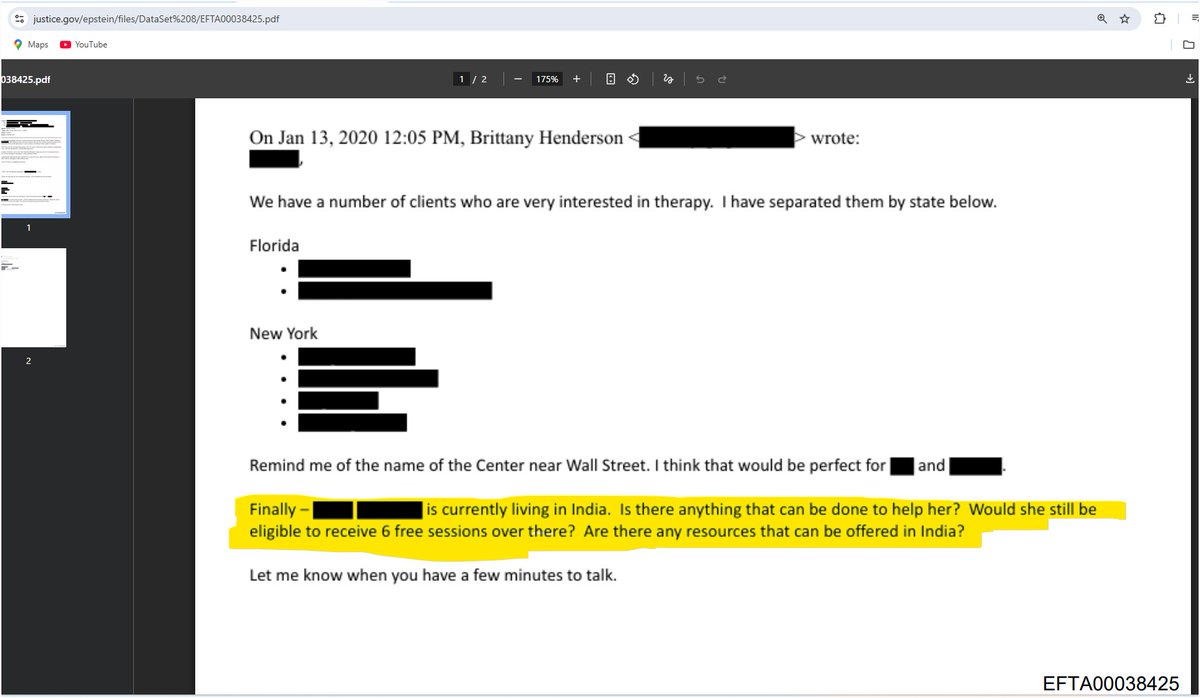 Sensational

An Indian girl was also among Epstein's victims
Data Set 8
File No: EFTA00038425

A conversation between US officer and Brittany Henderson Trial Attorney, where they are talking about a girl victim who is living in India. He is asking her address so that they can