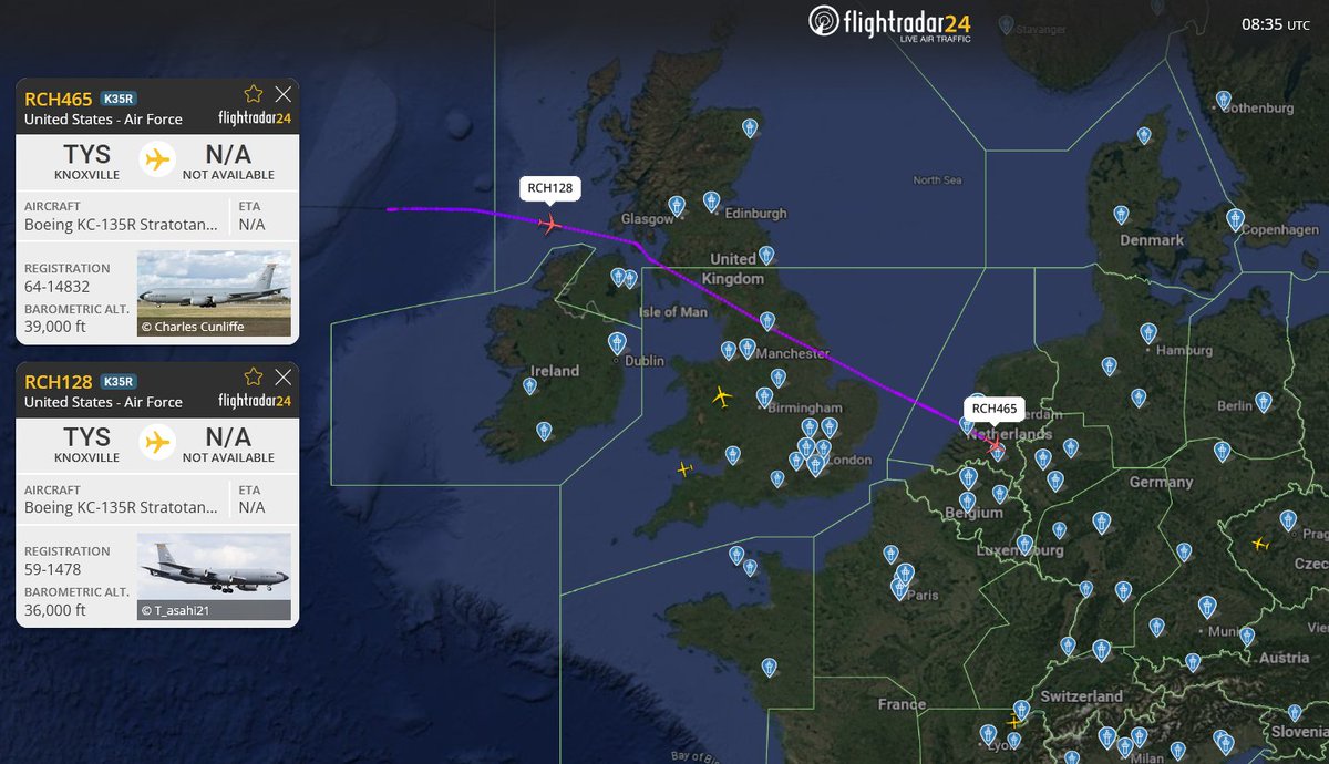 DefenceGeek's tweet photo. US tanker moves towards Europe/Middle East:
Overnight we've had 2 tankers move towards Europe, with 2-4 more likely to come over in the next 48hrs
Arriving:
KC-135R "RCH465" 64-14832 #AE0394
KC-135R "RCH128" 59-1478 #AE04E5
Scheduled:
? "ROMA11"
KC-46A "ROMA12" 22-46100 #AE63D0
? "ROMA13"
KC-135R "ROMA14" 57-1440 #AE023B
@MATA_osint