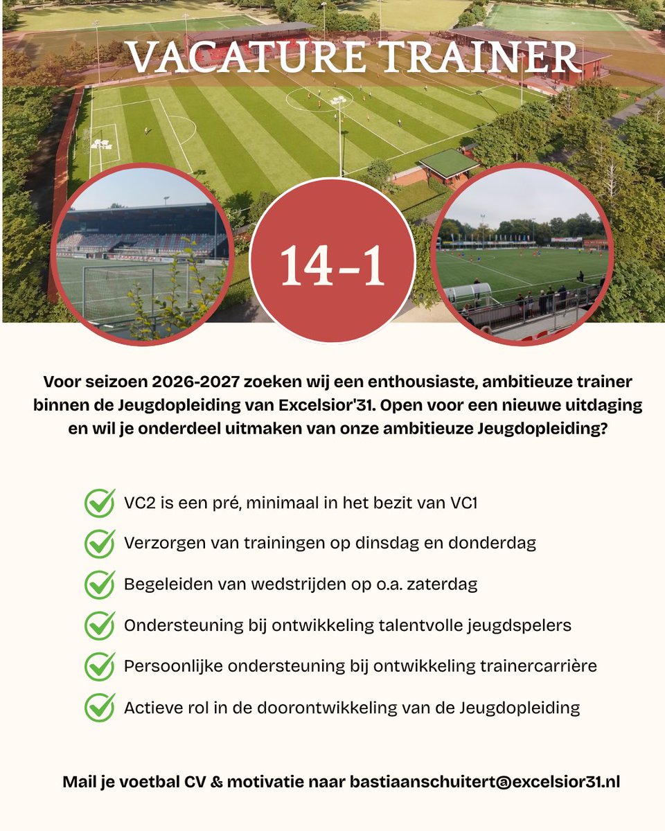 excelsior31's tweet photo. 🔴⚪ Jeugdopleiding Excelsior’31 zoekt trainers!
Voor onze selectieteams JO16-1, JO14-1 en JO13-1 zijn wij op zoek naar ambitieuze en gedreven trainers.

Meer informatie en reageren via onze website 👇
🔗 https://t.co/HOJkvSv1Vf https://t.co/cjRbrUIQ3l