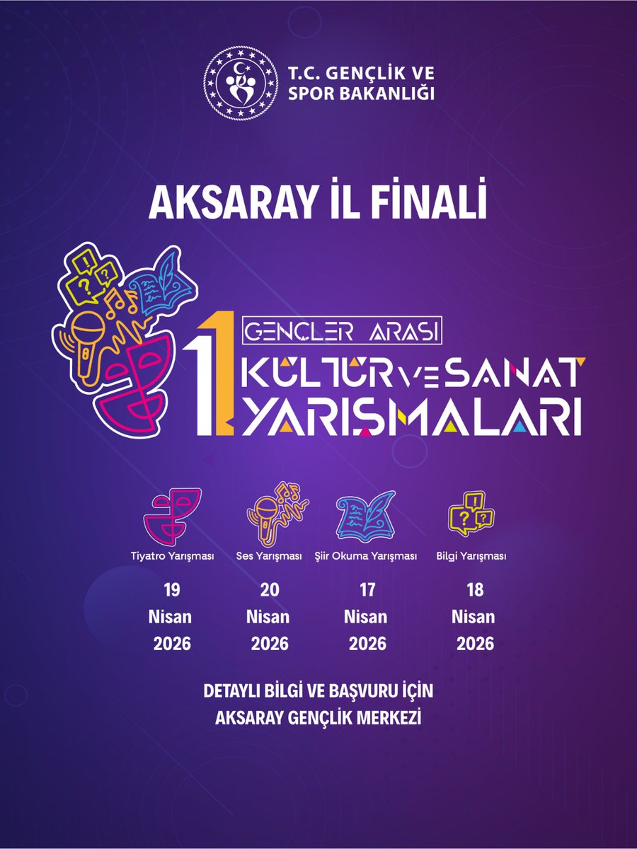 Aksaray İl Finalleri Heyecanı Başlıyor!

​Gençler Arası Kültür ve Sanat Yarışmaları Aksaray İl Finalleri için geri sayım başladı. Yeteneklerini sergilemeye hazır mısın? 🎭🎤📚🧠
​
​📍 Detaylı Bilgi ve Başvuru İçin:
Aksaray Gençlik Merkezi