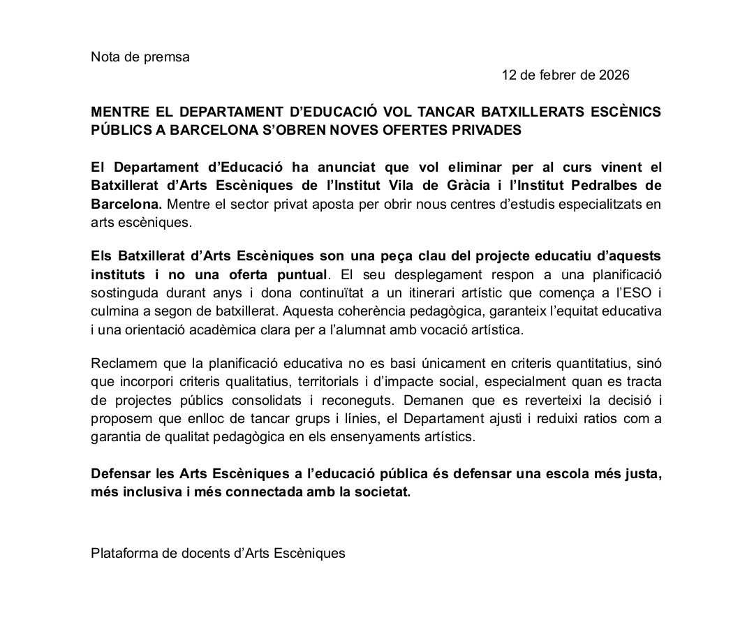 Vergonyós.
Educació tanca Batxillerats Escènics arbitràriament.
Tot el suport als docents del Vila de Gràcia.
El Govern continua eliminant recursos de la Pública per afavorir la Privada.