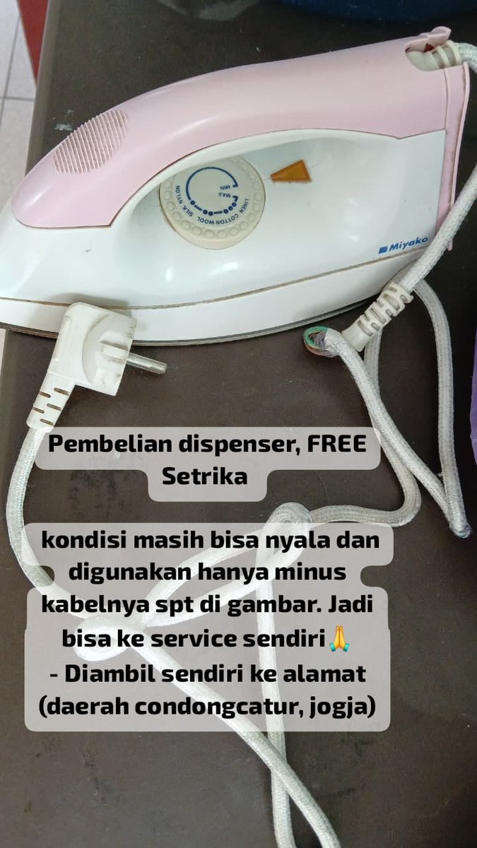Dinnicangtip's tweet photo. 2. DISPENSER (FREE SETRIKA)
- Dijual dispenser bekas 45k
- Kondisi masih bisa digunakan dan aman (selama saya memakainya), MINUS di kabel seperti yang ada di foto
- Di ambil sendiri ke alamat (Daerah condongcatur, jogja)
- Mau nego harga boleh

BELI DISPENSER, GRATIS SETRIKA https://t.co/vXKJaSB4Xz