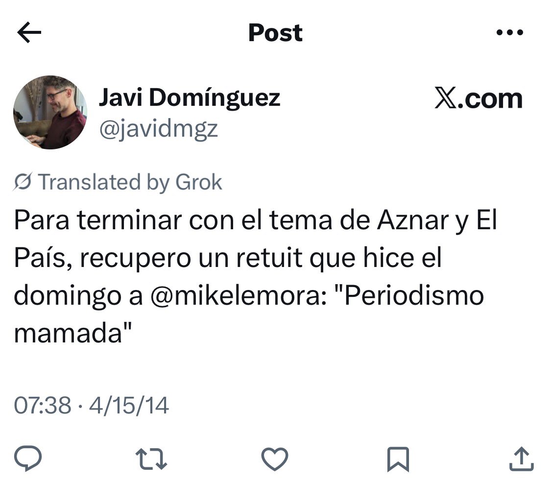 Quizá no sorprenda saber que el promotor de este manifiesto «contra el acoso en redes» escribió en 2014, cuando un compañero entrevistó a Aznar en El País, el mensaje «periodismo mamada» en las redes para descalificarlo y acosarlo por hacer su trabajo ante un expresidente.