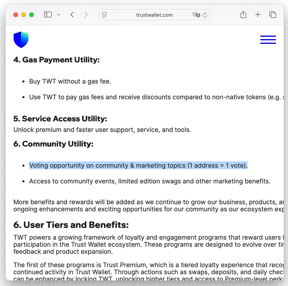 9# On the official #TrustWallet website, $TWT is asserted to be a utility and governance token

Yet there hasn't been a single real governance in recent years
More: this pages DONT WORK
This is disgusting straight-up lying from their side

Misleading people? That's scam territory