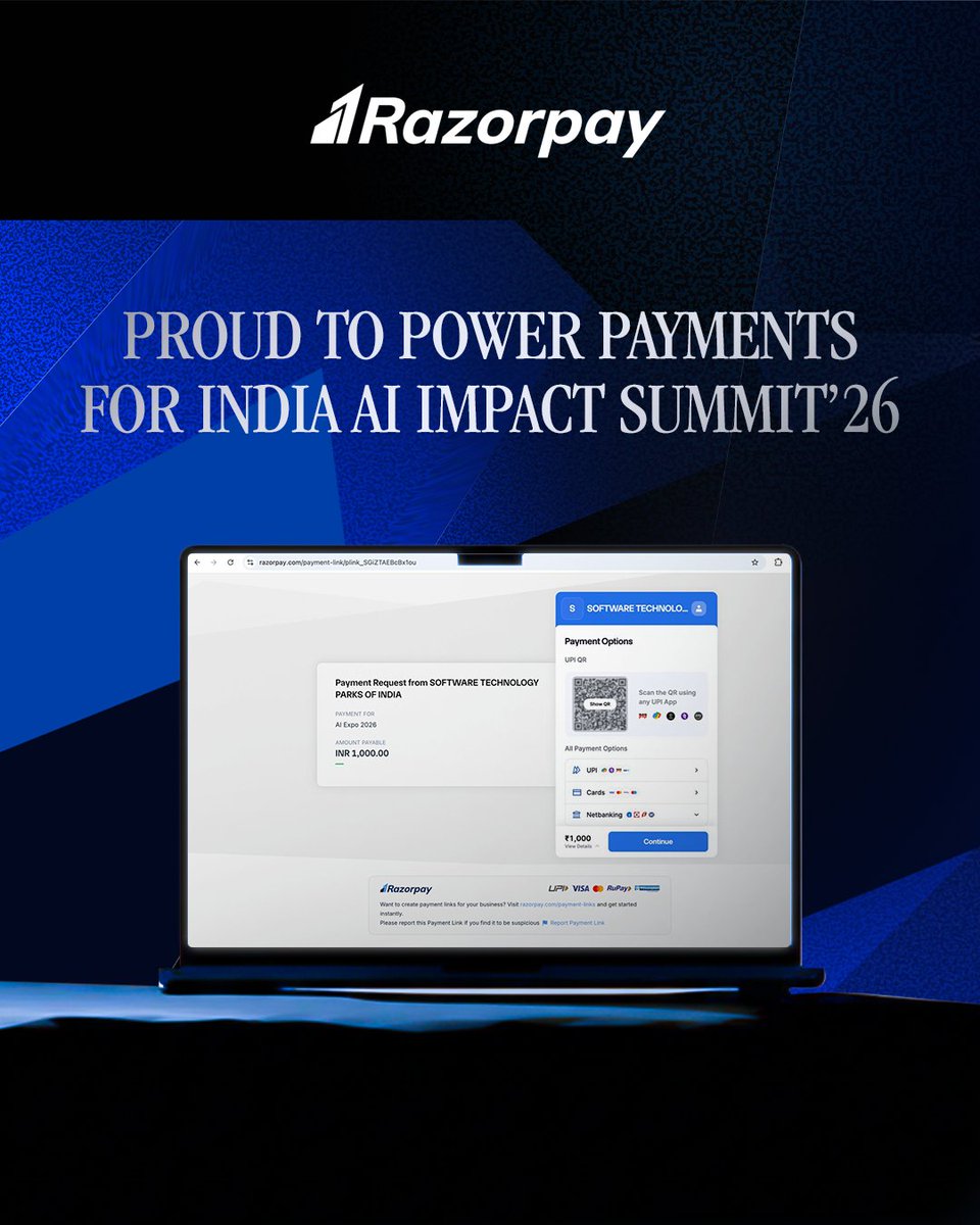 Razorpay's tweet photo. Big ideas, quiet payments.
The official payment partner for the India AI Impact Summit 2026!
#IndiaAiImpactSummit #Razorpay #PaymentsPartner https://t.co/Bf9CSXKxMR