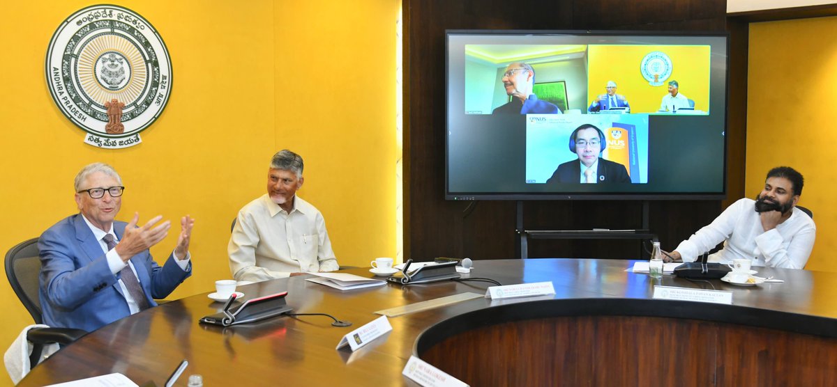 ncbn's tweet photo. In 1997, I first met Mr Bill Gates and presented my vision for IT. What began as a conversation about building a technology ecosystem back then has now evolved into a broader mission of using innovation to transform governance and improve lives at scale. Today, at the Secretariat in Amaravati, I presented my vision for Swarna Andhra 2047, where our ministers and secretaries also interacted with him. We discussed our priority sectors and explored avenues for collaboration with the Gates Foundation to empower our people and enhance their quality of life.
#APWelcomesBillGates