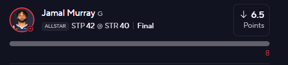 burntbreadburnt's tweet photo. @PrizeSupport This stat line is from game 3 but we wouldn't know if Jamal Murray would be playing in game 3 since it's based on the losers of game 1. The scoreboard is also wrong since he's not on either team Strips or stars. https://t.co/obQ6cX1gyR