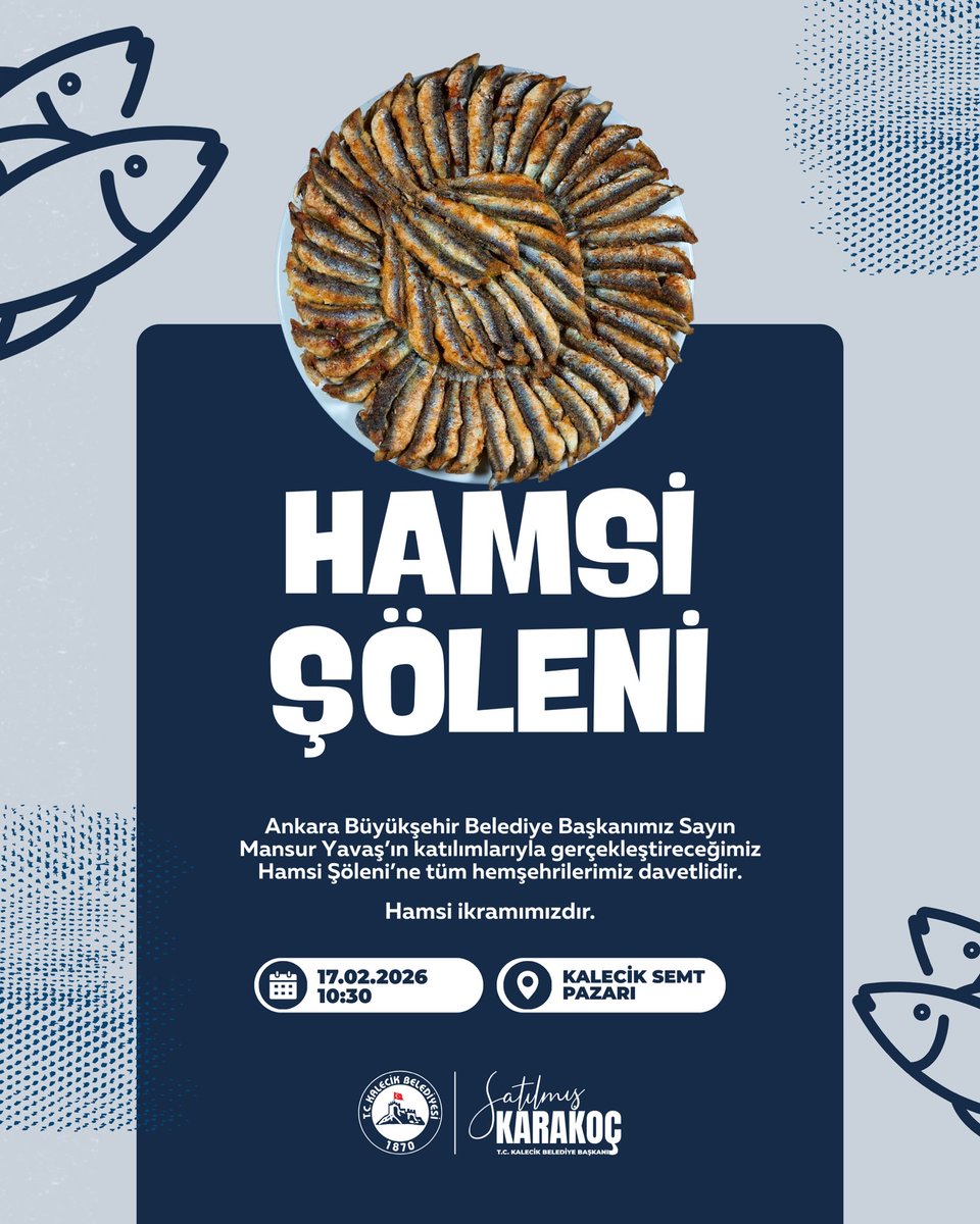skarakoc06's tweet image. Kalecik’te Hamsi Şöleni Başlıyor!🐟

Ankara Büyükşehir Belediye Başkanımız Sayın @mansuryavas06 ’ın katılımıyla gerçekleştireceğimiz Hamsi Şöleni’ne tüm hemşehrilerimiz davetlidir. 💙

🗓️17.02.2026
🕥10:30