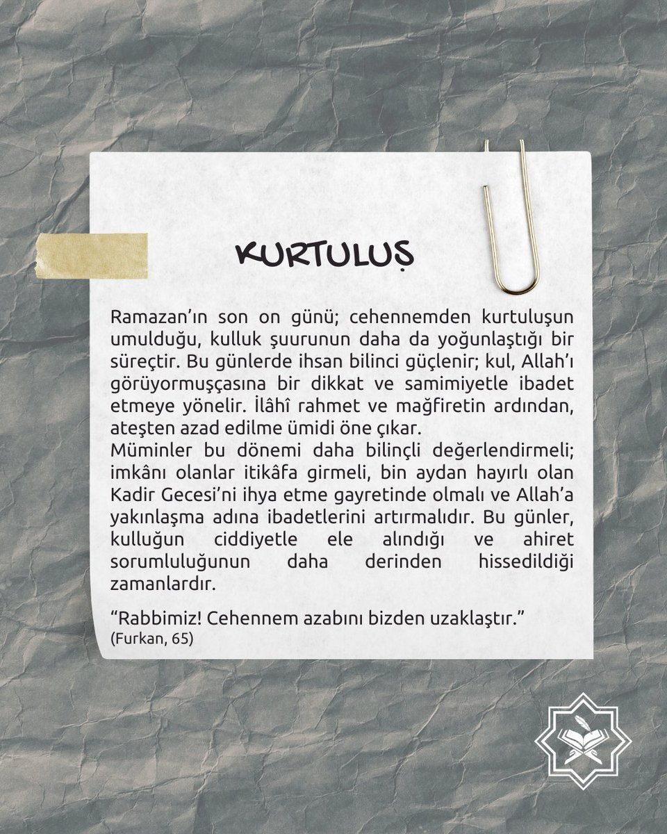 Ramazan-ı Şerif’in manevi yol haritası: Rahmet, Mağfiret ve Kurtuluş. 🌙

Her biri, kulun Rabbine giden yolculuğunda ayrı bir durak, ayrı bir imtihan ve ayrı bir müjde.

"Başı rahmet, ortası mağfiret, sonu ise cehennemden kurtuluştur."
(Beyhaki, Şuabu’l-İman 3/306)