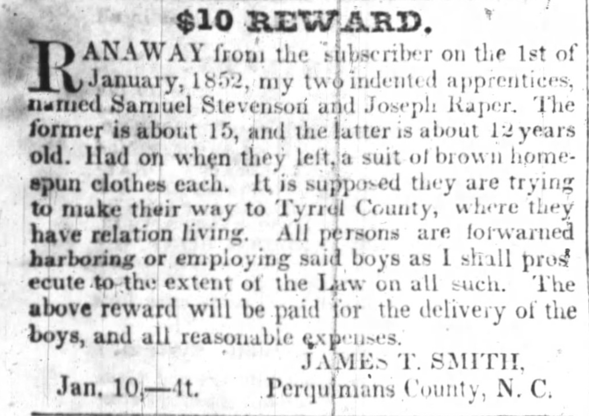 FromSlaves's tweet photo. On January 1, 1852, Joseph Raper and I finally left James Smith. We had a 40-mile journey ahead from Perquimans, NC to Tyrrell County. The road is long, but the hope of finding work near our relatives kept us moving. My name was Samuel Stevenson. #slavery #freedomseekers #NC https://t.co/OrJa6RSIZw