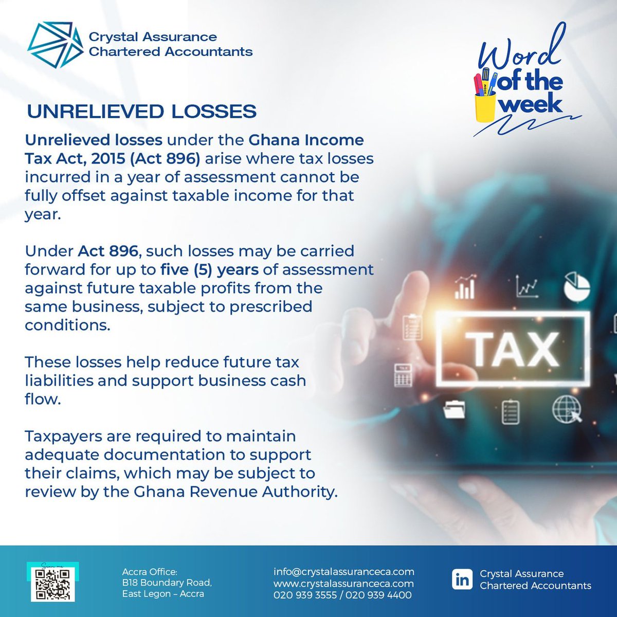 crystalaca_'s tweet photo. Under Act 896, unrelieved losses may be carried forward for up to five (5) years of assessment against future taxable profits from the same business, subject to prescribed conditions.

#crystalassuranceca #unrelievedlosses #losses #act896 #tax #audit https://t.co/P2q5Mso6fa