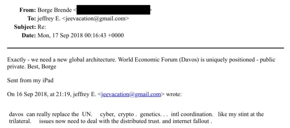GideonvMeijeren's tweet image. Schokkende mailwisseling tussen Jeffrey Epstein en de president en CEO van het World Economic Forum, Børge Brende.

Ze spreken openlijk over het streven naar een "new global architecture", waarbij het WEF de VN zou kunnen vervangen.

Jarenlang werd het idee dat macht verschuift…