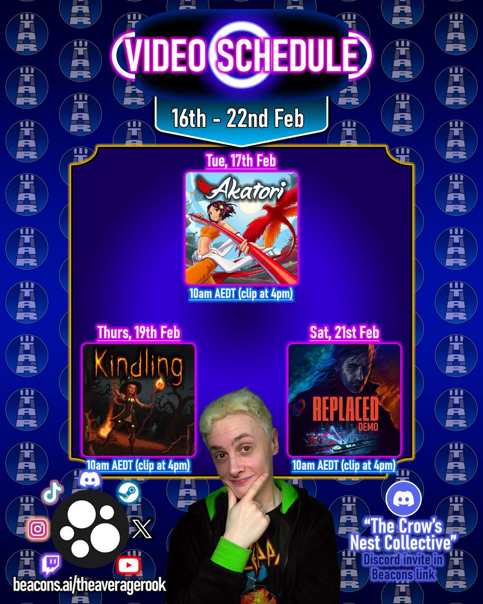 TheAverageRook's tweet photo. Finally have a video schedule to try and get out of my rut!

TUES: @AKATORIGAME (Demo) by Contrast Games
THURS: #Kindling (Playtest) by @MikeAtTalonbyte
SAT: #Replaced (Demo) by @sadcatstudios and @Thunderfulgames

10am (AEDT) for vids, 4pm for clips.

Hope y'all enjoy them! https://t.co/czNGW94QPX