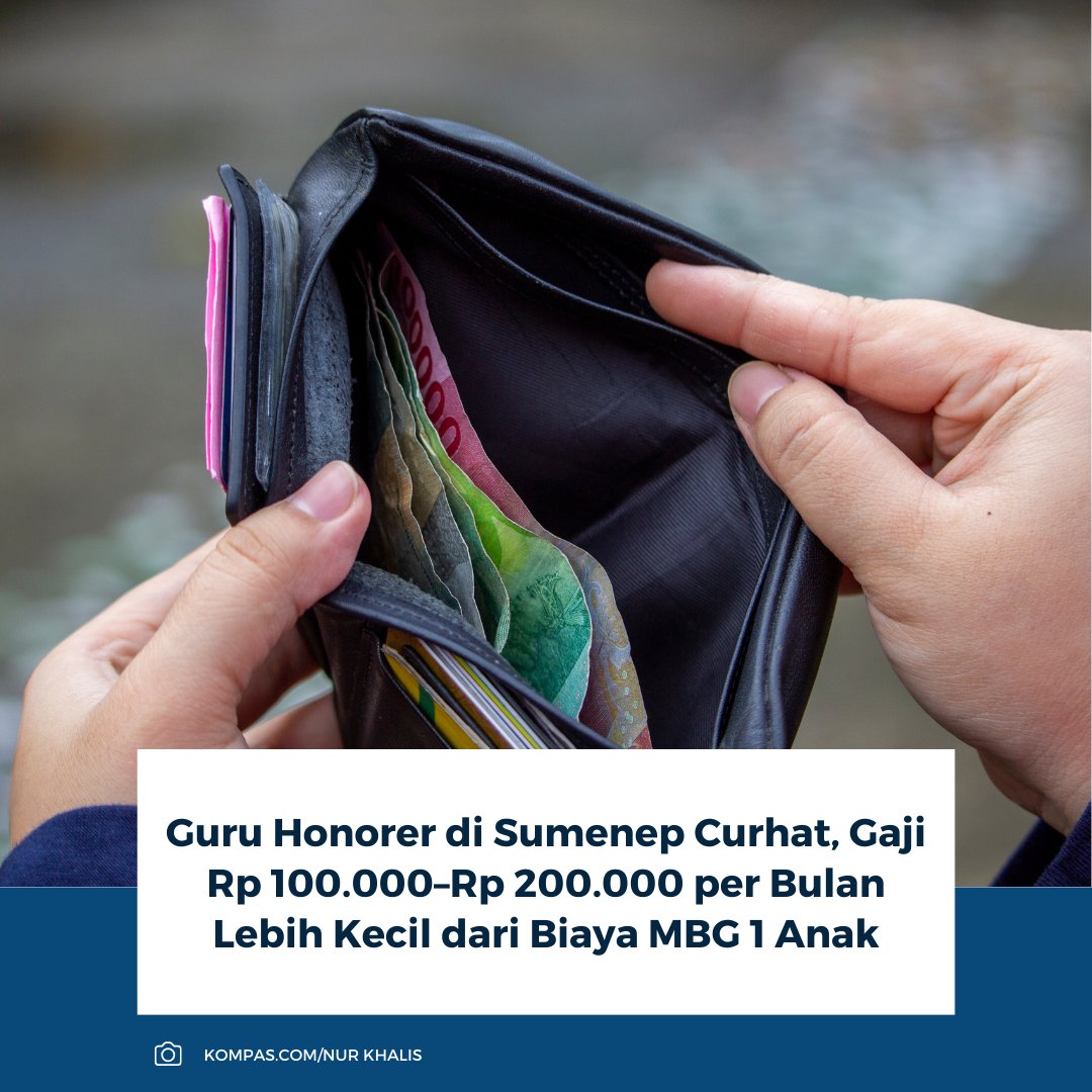 Moh. Rizal, guru honorer di Sumenep, mengeluhkan gajinya hanya Rp 100.000–Rp 200.000 per bulan. Jumlah itu lebih kecil dari biaya MBG satu anak yang bisa mencapai Rp 300.000 per bulan. Ia pun mengusulkan dana MBG untuk guru diberikan tunai agar menambah penghasilan.

Baca