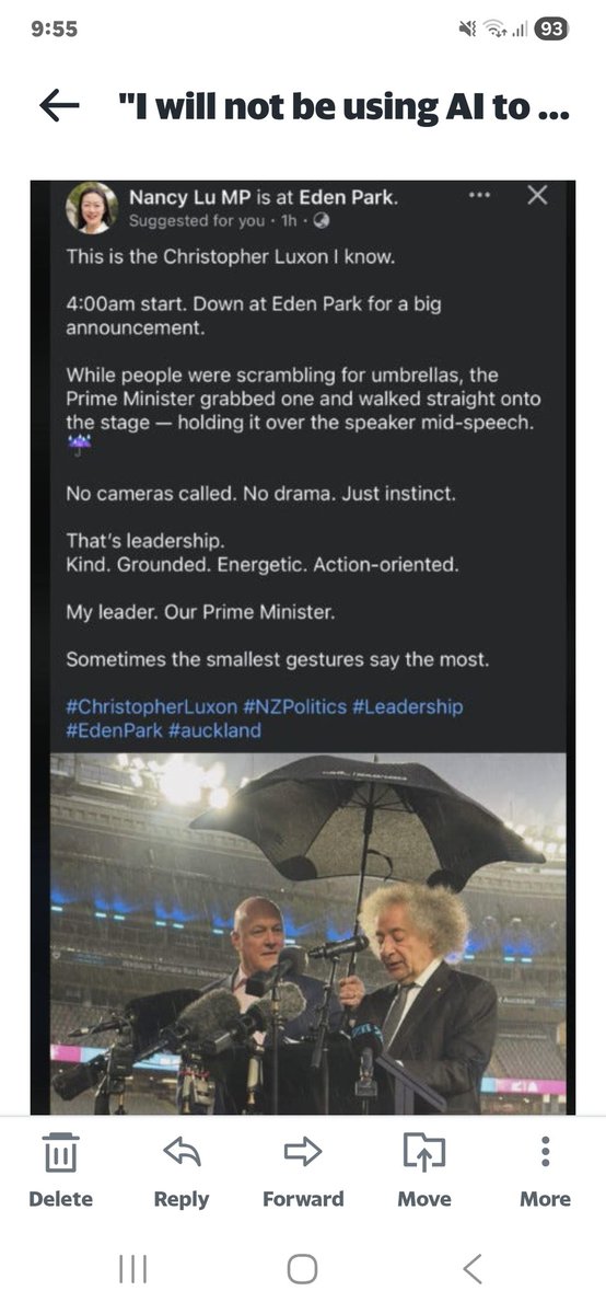 kazmil1's tweet image. Have you seen this tweet from Nancy Lu 🤦‍♀️ apparently he was up at 4am to go to Eden Park and hold a brolly for some guy "with a wonderful head of hair" 🤦‍♀️ he should be showing up at one of the 5 areas where there's a "state of emergency" 🤷‍♀️ #ParttimePM #LyingLuxon #Gaslighting