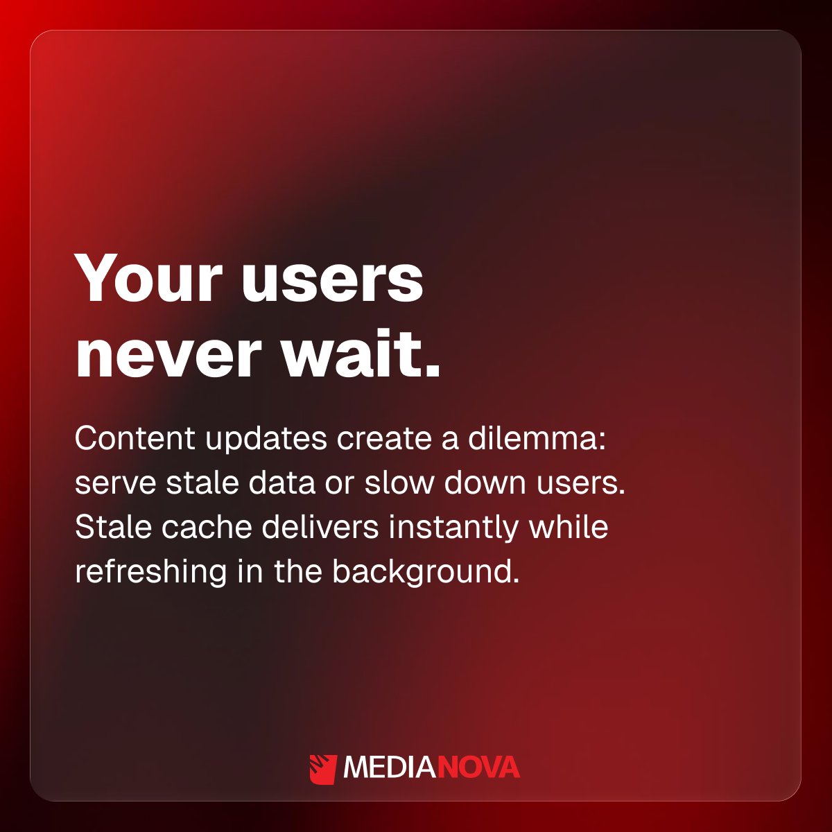 Your users never wait.

Content updates create a dilemma: serve stale data or slow down users. Stale cache delivers instantly while refreshing in the background. 

Book a demo: hubs.ly/Q042_0tx0

Documentation: hubs.ly/Q042_0Vm0

#UserExperience #Performance #CDN