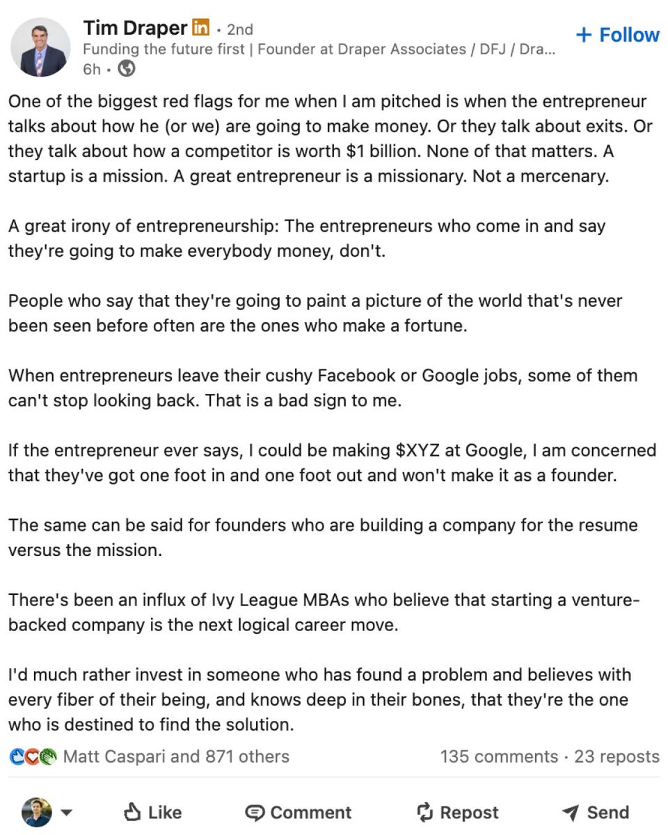 Tim Draper said something that hit me right in the chest: "A startup is a mission. A great entrepreneur is a missionary. Not a mercenary."
I will be honest, I've lived both sides of this.

After 5 pivots over 4 years, there were moments where I tried to play 4D chess. Figure out