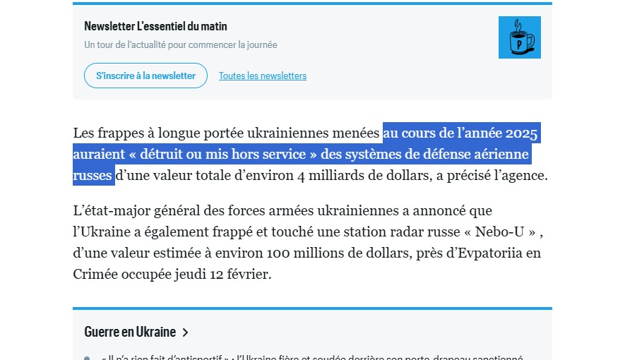<a href="/le_Parisien/">Le Parisien</a> Quand on lit le titre, on a l’impression que cela s’est passé hier, alors qu’il est question de l’année 2025. De plus, c’est Kiev qui l’affirme. Notons que l’article utilise tout de même le conditionnel et se révèle moins affirmatif que le titre.