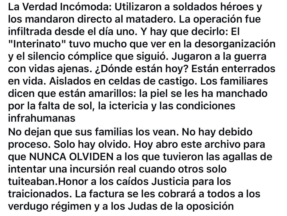 Por qué la Operación #Gedeón no tuvo éxito y quien la traicionó 👇👇👇

Donde murió traicionado mi Amigo el Capitán Colina “ Pantera” que antes estaba destacado en el comando de la #GNB del terminal de Ferry de #plc