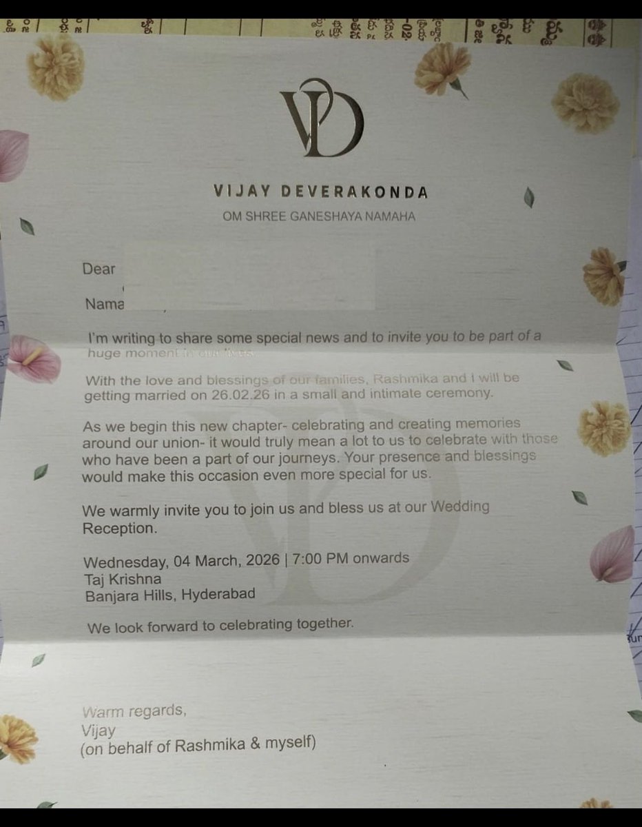 desireviewer10's tweet photo. Vijay Deverakonda & Rashmika Mandanna are getting married on 26 Feb 2026 in ceremony, with a grand reception on 4 March 2026 at Taj Krishna, Banjara Hills, Hyderabad. Congrats to the couple! 🥰

#VijayDeverakonda #RashmikaMandanna #VijayRashmikaWedding #RashmikaVijay #TollywoodWedding #VijayRashmika
