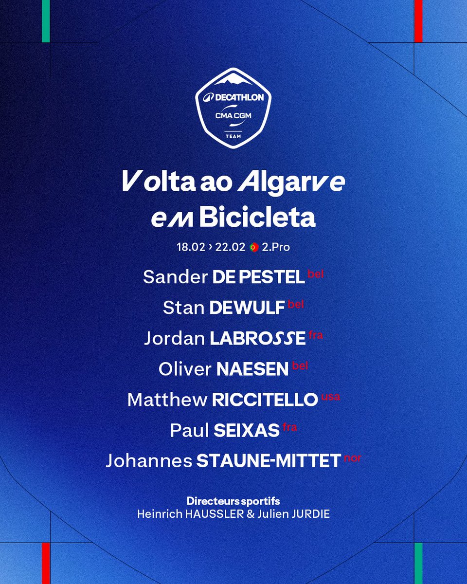 decathloncmacgm's tweet photo. 🇵🇹 @VoltAlgarve 
📆 18.02 > 22.02

🇧🇪 Sander De Pestel 
🇧🇪 Stan Dewulf
🇫🇷 @LabrosseJordan 
🇧🇪 @OliverNaesen 
🇺🇸 @MattRiccitello 
🇫🇷 @seixas_paul
🇳🇴 Johannes Staune-Mittet

#DECATHLONCMACGMTEAM https://t.co/pcXjhvbWtW