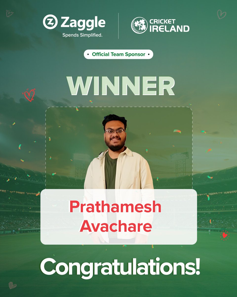 zaggleapp's tweet photo. Congrats #GreenValentine winner @onlyprathamesh  for spotting #Zaggle in Ireland vs Australia! 🎉
You’ve won 2 VIP tickets to watch Ireland cricket team play in Sri Lanka!

@cricketireland 
.
#SaaS #FinTech #SpendsSimplified #FuelledbyZaggle #ZaggleXCricketIreland #VIPTickets https://t.co/IfmCu62Au5