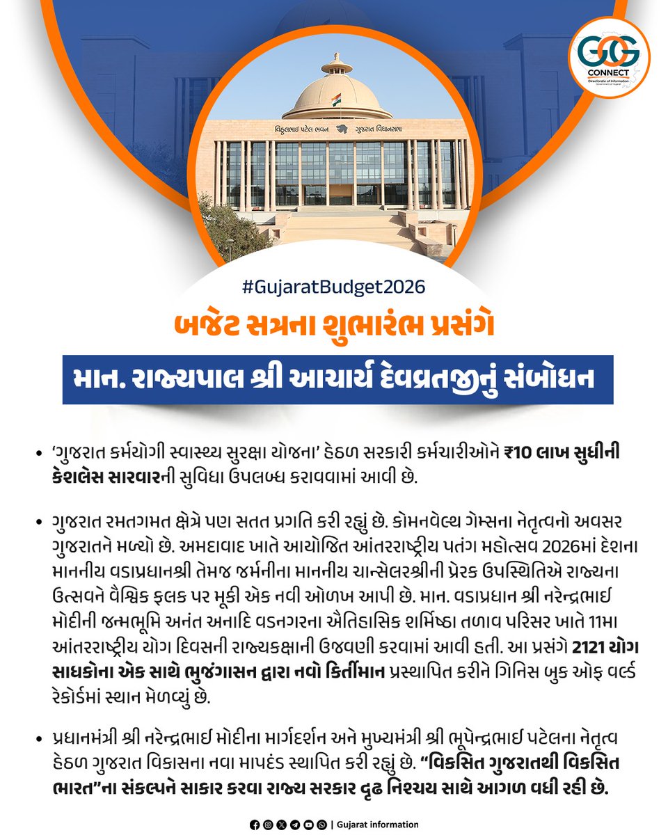 InfoGujarat's tweet photo. પંદરમી ગુજરાત વિધાનસભાના આઠમા સત્રનો ગૌરવભેર પ્રારંભ...

માનનીય રાજ્યપાલ શ્રી આચાર્ય દેવવ્રતજીએ વિધાનસભાને સંબોધતા રાજ્યની વિકાસયાત્રા, સુશાસન અને સર્વસમાવેશી નીતિઓ અંગે વિસ્તૃત માહિતી આપી...

“વિકસિત ગુજરાતથી વિકસિત ભારત”ના સંકલ્પ સાથે સર્વાંગી વિકાસ માટે સરકાર પ્રતિબદ્ધ: માન. રાજ્યપાલશ્રી

#GujaratGovernment #GujaratVidhansabha #GujaratBudget