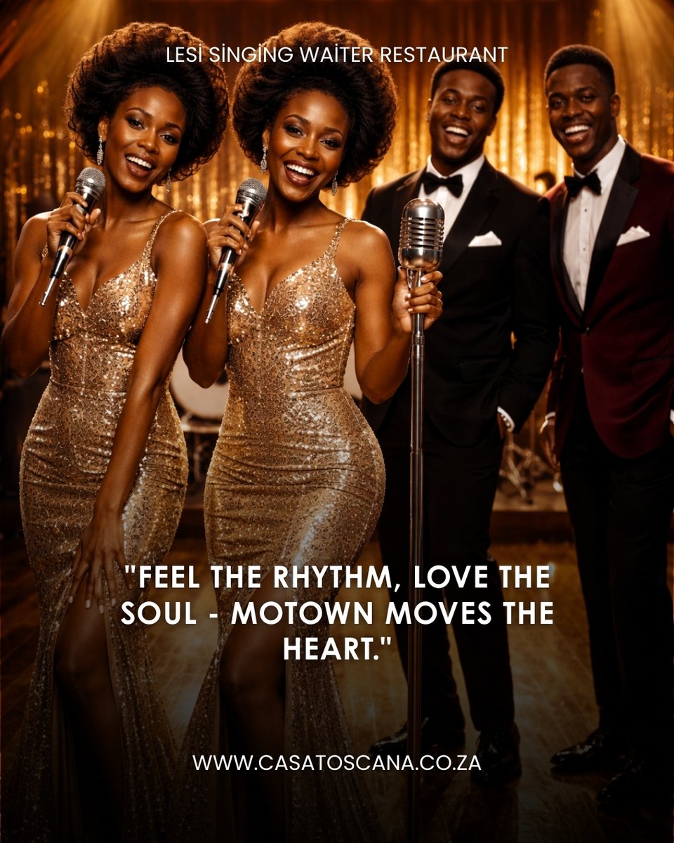 LeSiRestaurant's tweet photo. Experience the Motown Magic at LeSi Restaurant 🎶

Join us on 6 March as our singing waiters bring your favourite Motown hits to life!

R100pp ticket | Arrive 18:00 for 18:30
Music, laughter &amp; delicious à la carte dining.
Book now: https://t.co/cPMgJ82UNk https://t.co/oTQou3ETEw
