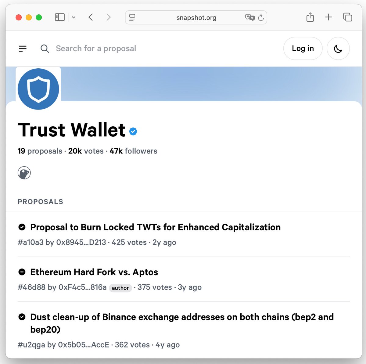 #9.1 Proof of "governance": 19 proposals on Snapshot from Oct 2020 to Nov 2023 snapshot.org/#/s:trustwalle… 
Cosmetic only - add chain support

Real ones from users (Learn2Earn launch, burn locked TWTs) - completely ghosted, no execution, no reply from #TrustWallet

Fake as hell