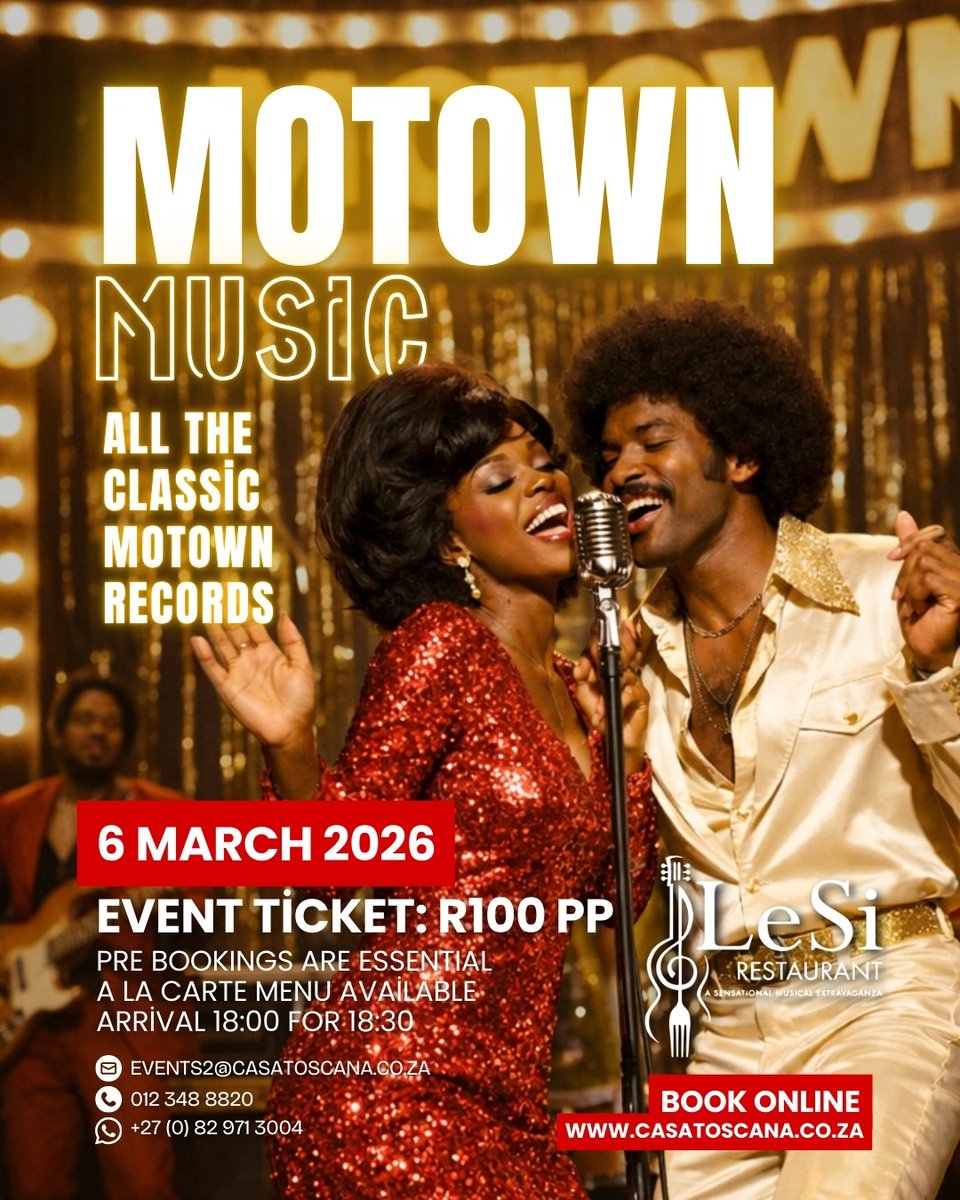 LeSiRestaurant's tweet photo. Experience the Motown Magic at LeSi Restaurant 🎶

Join us on 6 March as our singing waiters bring your favourite Motown hits to life!

R100pp ticket | Arrive 18:00 for 18:30
Music, laughter &amp; delicious à la carte dining.
Book now: https://t.co/cPMgJ82UNk https://t.co/oTQou3ETEw