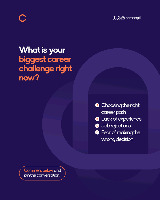 Your career feels stuck? Let’s fix it.

What’s your biggest challenge right now?

Drop A, B, C, or D in the comments 

Want to improve your chances fast?

Comment AUDIT and get a FREE CV audit from Careergrill .